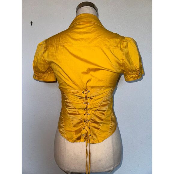 Marciano Women's Yellow Button Up Short Sleeved Corset Blouse Ribbon Tieback XS - Picture 4 of 6